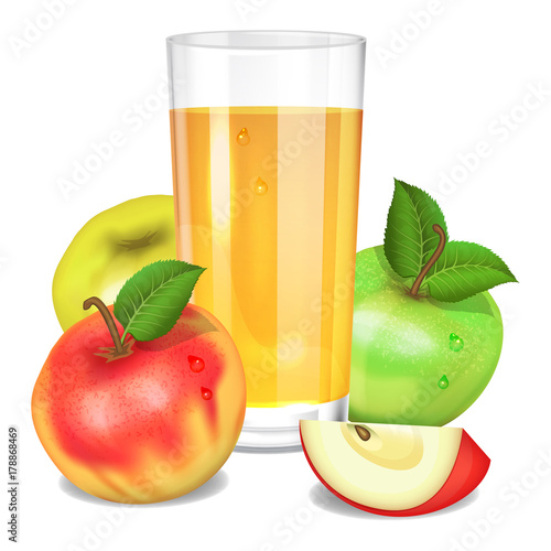Fresh apple juice in glass, red and green apples and piece of apple. Realistic transparent tall glass of juice, vector illustration on white background.