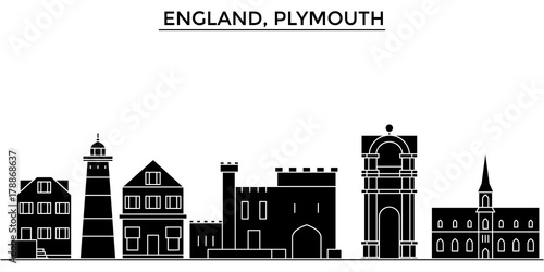 England, Plymouth architecture skyline, buildings, silhouette, outline landscape, landmarks. Editable strokes. Flat design line banner, vector illustration concept. 