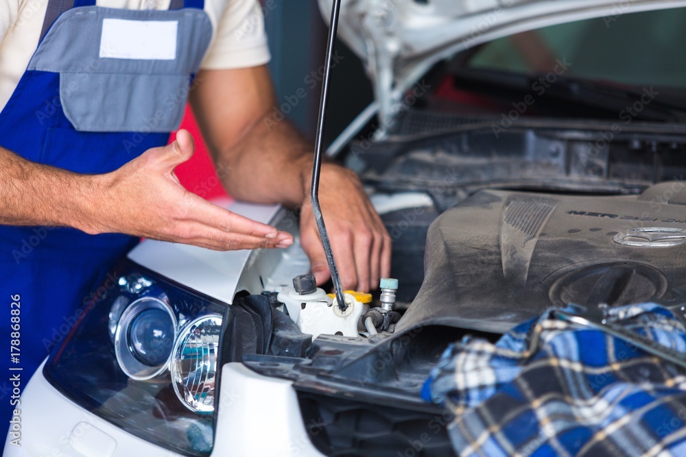 Auto Mechanic Checking the Engine of a Car Auto Mechanic Checking the Engine of a Car