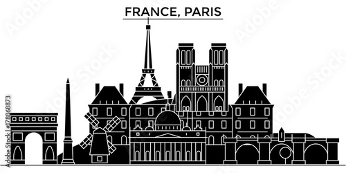 France, Ile De France, Paris architecture skyline, buildings, silhouette, outline landscape, landmarks. Editable strokes. Flat design line banner, vector illustration concept. 