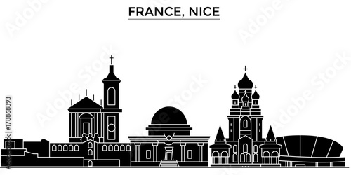 France, Nice architecture skyline, buildings, silhouette, outline landscape, landmarks. Editable strokes. Flat design line banner, vector illustration concept. 