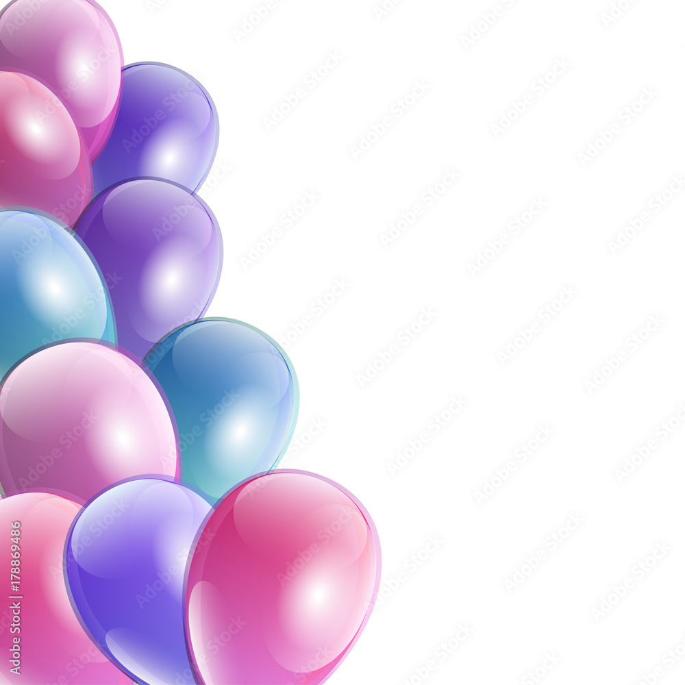 Celebration party banner with colorful shining balloons frame with place for text. Greeting, invitation card or flyer. Flying pink, purple and blue pearl balloons