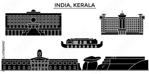 India, Kerala architecture skyline, buildings, silhouette, outline landscape, landmarks. Editable strokes. Flat design line banner, vector illustration concept. 