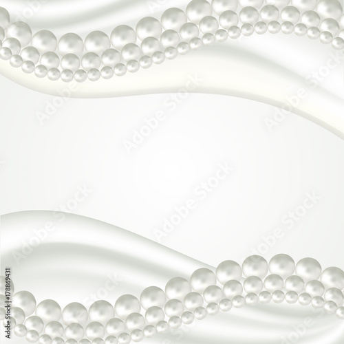 Abstract vector background with 3D shiny natural white pearl garlands of beads. Set for celebratory design, Christmas decorations. wedding theme. Vector illustration. White wavy satin silk fabric