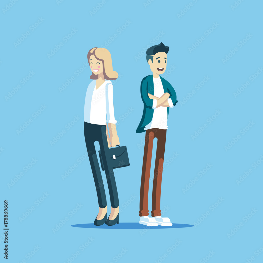 businessman and businesswoman characters standing and smiling isolated, couple of pretty office employees standing with a smile vector illustration businessman and businesswoman characters standing and smiling isolated, couple of pretty office employees standing with a smile vector illustration