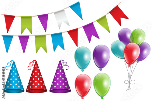 Party set of realistic colorful bunting flags, dotted party hats with ribbon, glowing balloons. Set of birthday party elements for your design