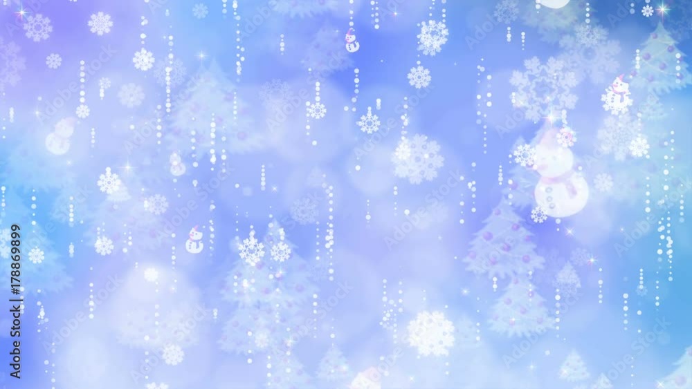 Blue snowflakes and christmas tree are slowly flying. Computer generated seamless loop abstract background. Blue snowflakes and christmas tree are slowly flying. Computer generated seamless loop abstract background.