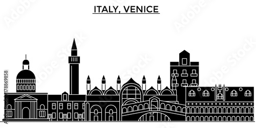 Italy, Venice architecture skyline, buildings, silhouette, outline landscape, landmarks. Editable strokes. Flat design line banner, vector illustration concept. 