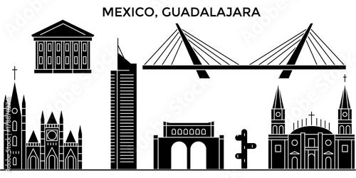 Mexico, Guadalajara architecture skyline, buildings, silhouette, outline landscape, landmarks. Editable strokes. Flat design line banner, vector illustration concept. 