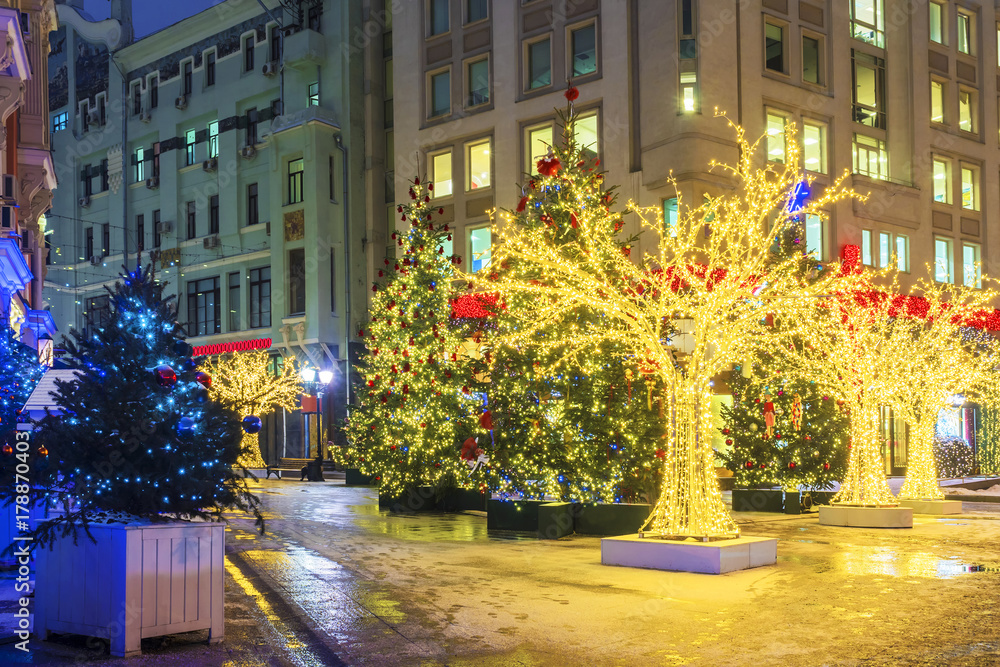 Christmas in Moscow. Decorated for the New Year pedestrian street of Moscow