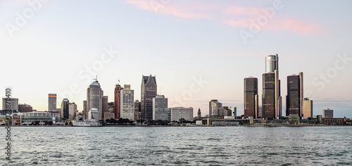 Detroit City Skyline at dusk as viewed from Windsor, Ontario, Canada.