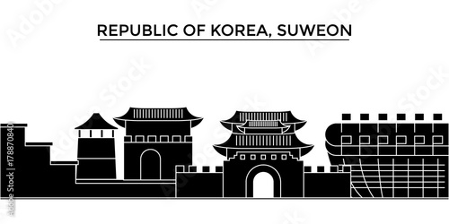 Republic Of Korea, Suweon architecture skyline, buildings, silhouette, outline landscape, landmarks. Editable strokes. Flat design line banner, vector illustration concept.  photo