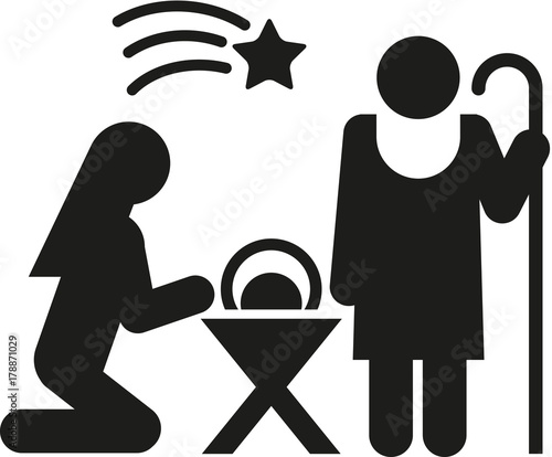 Piktogramm Heilige Familie mit Krippe und Stern
