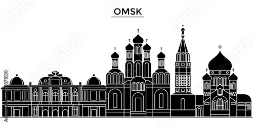 Russia, Omsk architecture skyline, buildings, silhouette, outline landscape, landmarks. Editable strokes. Flat design line banner, vector illustration concept. 