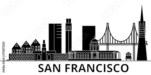 San Francisco architecture skyline, buildings, silhouette, outline landscape, landmarks. Editable strokes. Flat design line banner, vector illustration concept. 