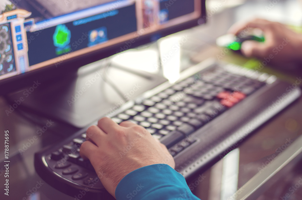 Man's hands play PC game Man's hands play PC game