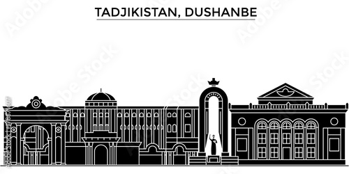 Tadjikistan, Dushanbe architecture skyline, buildings, silhouette, outline landscape, landmarks. Editable strokes. Flat design line banner, vector illustration concept. 