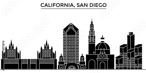 Usa, California San Diego architecture skyline, buildings, silhouette, outline landscape, landmarks. Editable strokes. Flat design line banner, vector illustration concept. 
