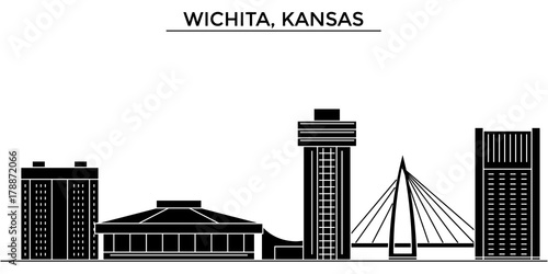 Usa, Kansas, Wichita architecture skyline, buildings, silhouette, outline landscape, landmarks. Editable strokes. Flat design line banner, vector illustration concept. 