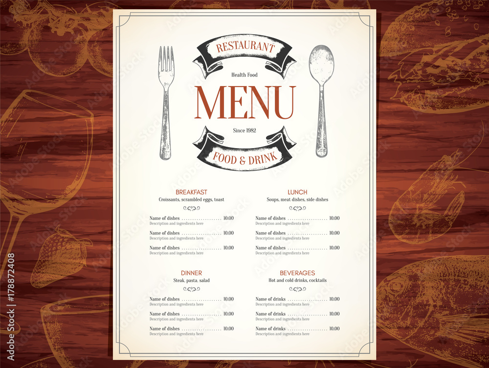 Restaurant Menu Design Vector Menu Brochure Template For Cafe Coffee House Restaurant Bar Food And Drinks Logotype Symbol Design With A Sketch Pictures Stock Vector Adobe Stock