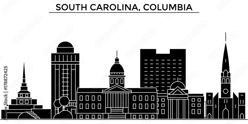 Usa, South Carolina, Columbia architecture skyline, buildings, silhouette, outline landscape, landmarks. Editable strokes. Flat design line banner, vector illustration concept.