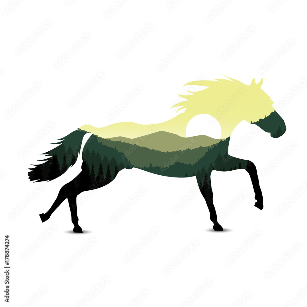 Fototapeta premium Silhouette of horse with mountain landscape. Blue tones.