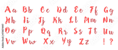 Embroided by cross stitch english alphabet. The letters in upper and lower case.