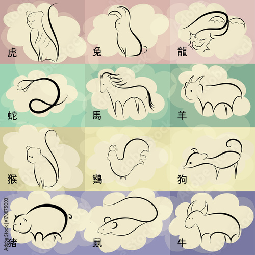 Set Of Stylized Chinese Zodiac Signs on line art with hieroglyphs of animal names, colorful muted cloudy background