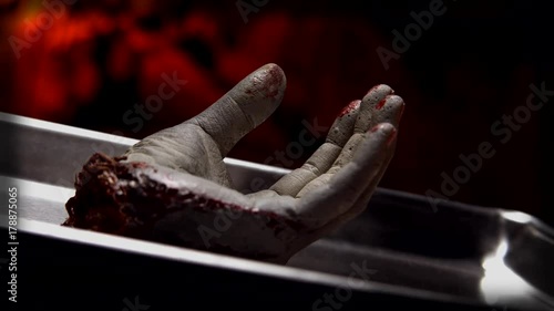 SEVERED FEMALE HAND ROTATING ON A STEEL TRAY.  Version 2 of 2. photo