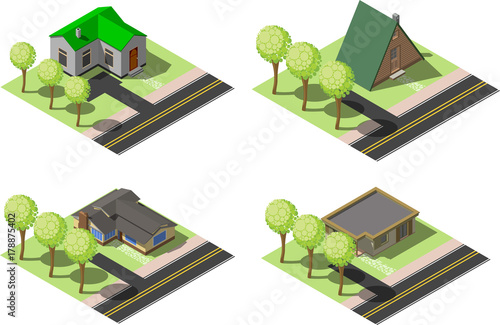 Set of simple isometric houses