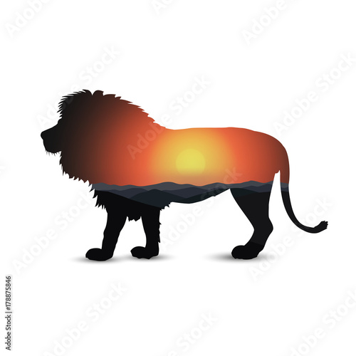 Silhouette of lion with panorama of hills and colorful sky. Sunset.