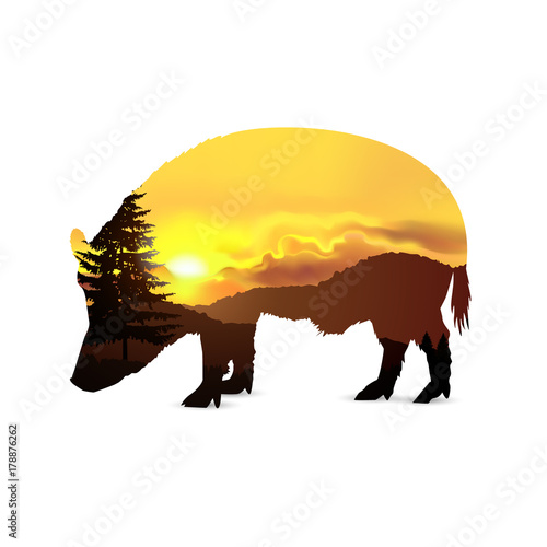 Silhouette of boar with coniferous trees and mountains. Sunset. Golden tones.