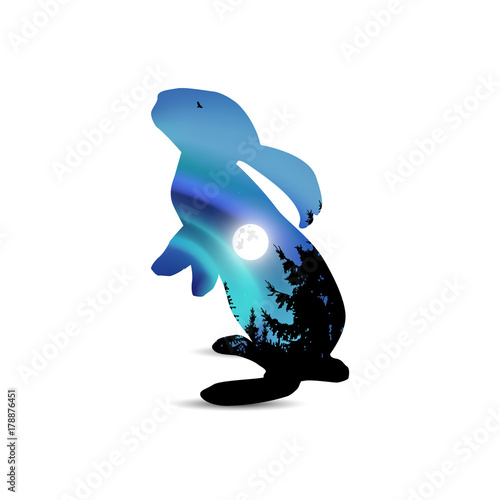 Silhouette of hare with landscape (colorful sky and pine trees). Moonlight. Blue northern lights.