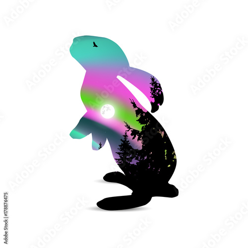 Silhouette of hare with landscape (colorful sky and pine trees). Moonlight. Colorful northern lights.