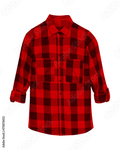 Red checkered shirt with collar and buttons isolated on white