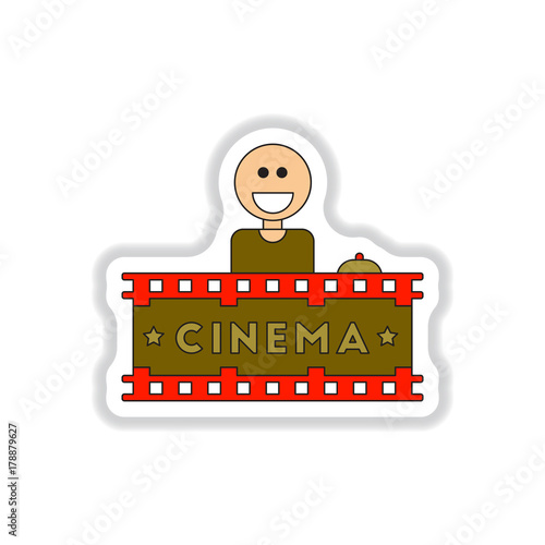 Vector illustration in paper sticker style Seller sells tickets to cinema