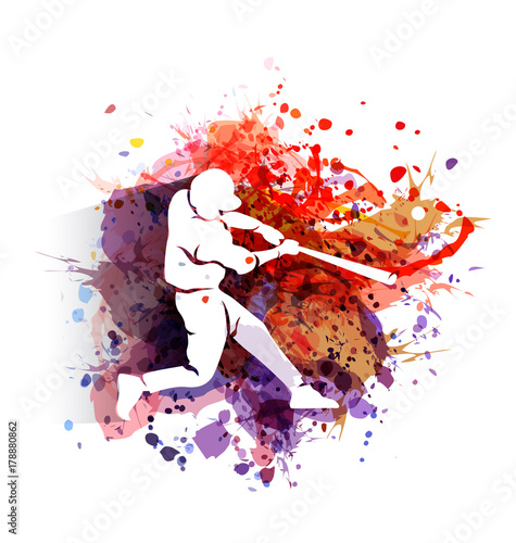 Vector white silhouette of a baseball player on colorful background