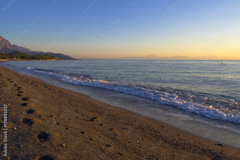 Mediterranean Sea and a beach at sunrise. Kemer, Turkey