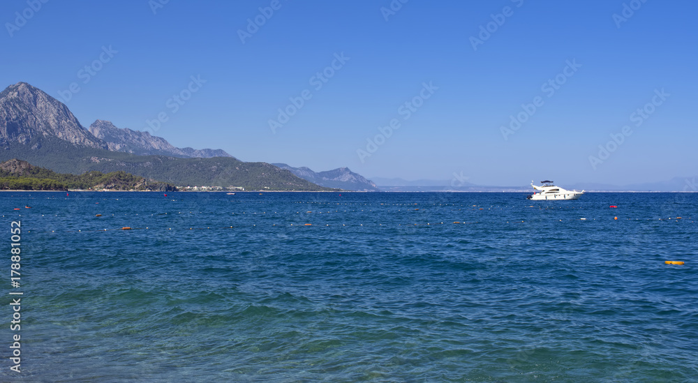 Coast of the Mediterranean Sea with a view on the mountains. Kemer, Turkey