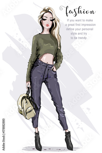Hand drawn beautiful fashion woman with backpack. Stylish model posing. Blond hair woman in fashion clothes. Stylish outfit. Sketch.