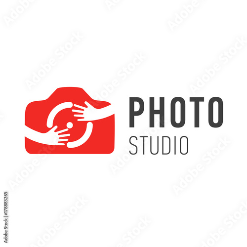Vector logo for photographer. Vector logo design photo camera symbol with hands. Hugging photo camera symbol. Hug camera logo. Love yourself camera vector flat illustration.