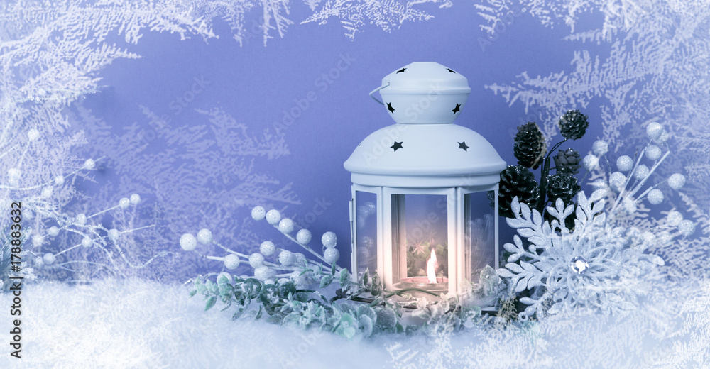 Christmas Eve lantern and decorations background. Picture of a white lantern with lighted candle decorated with pine cones on a white snow against red frost background
Christmas Eve lantern and decorations background. Picture of a white lantern with lighted candle decorated with pine cones on a white snow against red frost background