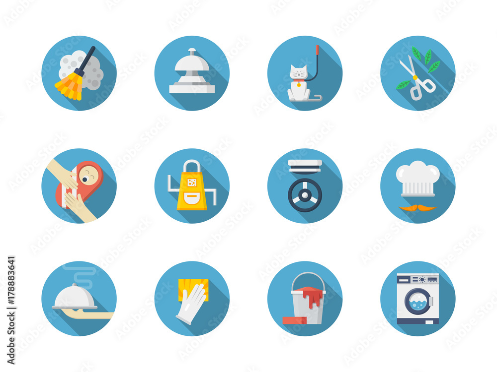 Housework blue round vector icons set