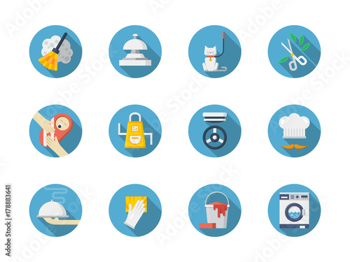 Housework blue round vector icons set