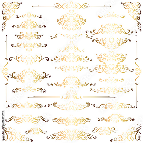 Collection of vintage calligraphic flourishes, curls and swirls decoration for greeting cards,books or dividers. Gold set for decoration and design