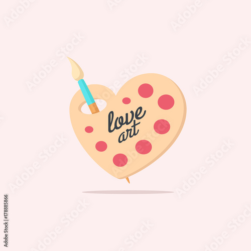 Heart shaped artist palette with paintbrush vector illustration in flat style