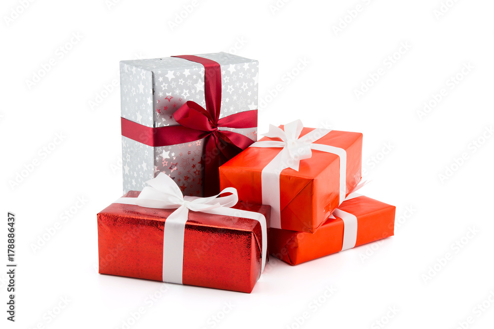 Many gift box white ribbon isolated on white background, using for christmas and new year or holiday other. - obrazy, fototapety, plakaty 
