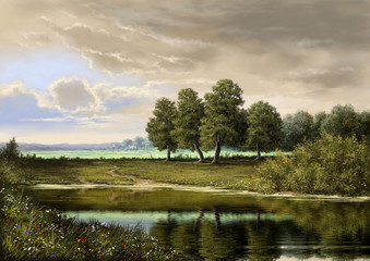 Rideaux Beige Paintings landscape, oil digital paint, art, river, trees, sky  © yaroslavartist