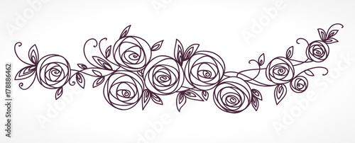 Stylized rose flowers bouquet. Branch of flowers and leaves interlacing