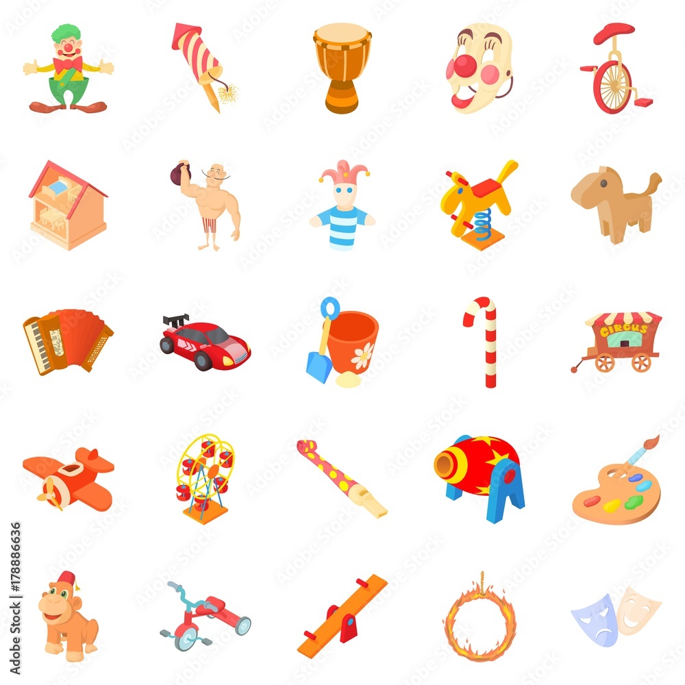 Wooden toy icons set, cartoon style